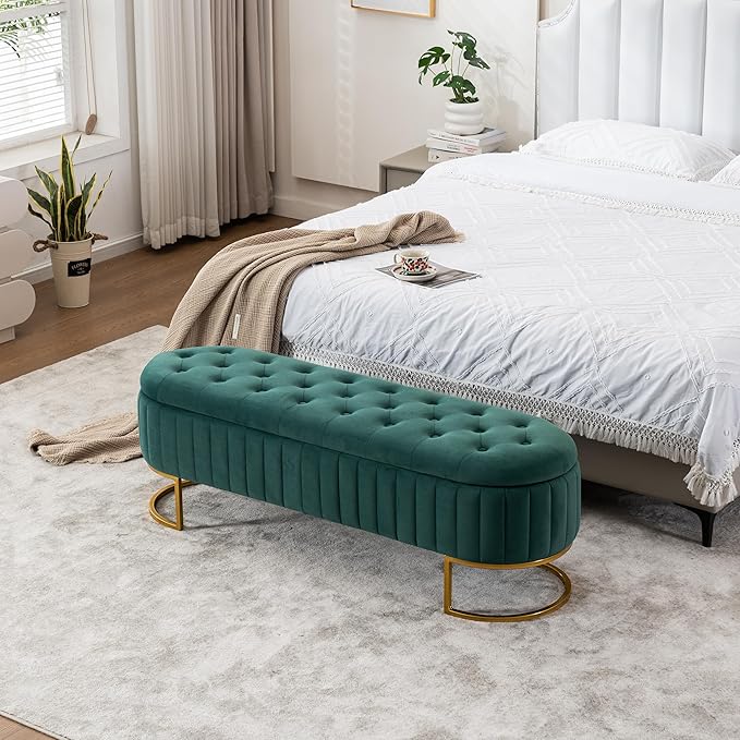 Velvet Storage Bench for Bedroom, Modern Tufted End of Bed Bench for King Size Bed, Upholstered Long Ottoman Bench with Gold Legs for Living Room/Entryway (Green, 55" W)