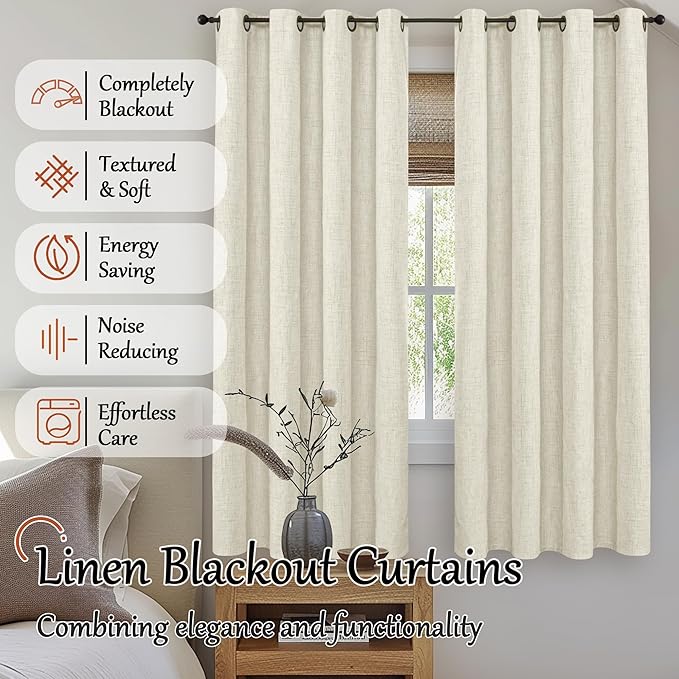 Blackout Living Room Curtains 72 Inch Long 2 Panels, Textured Linen Black-Out Curtains for Bedroom Light Blocking, Bronze Grommet Thermal Insulated Window Drapery, Each 52" Wide, Natural