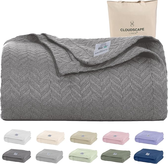 Cloud Scape Linen 100% Cotton Blanket 92x92 Sharkskin - Cozy Herringbone Weave, Fits Up to for Full Size Beds, Breathable Softness, All-Season Warmth, Winter Blanket, for Women