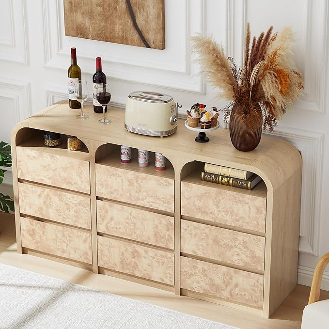 9 Drawer Dresser for Bedroom, Modern Chest of Drawers with Open Shelf, Burl Wood Long Storage Dressers for Closet, Living Room, Hallway (Natural)