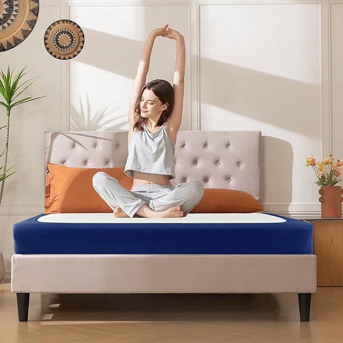 Biscaynebay Decorative Box Spring Cover Full & Full XL Size, Navy Luxurious Jersey Knitting Stretchy Wrap Around 4 Sides Bed Skirt for Home/Hotels, Easy Fit Wrinkle & Fade Free Machine Washable