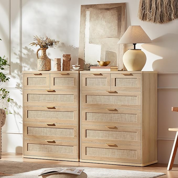 LEYAOYAO Rattan Dresser for Bedroom, 41" Tall Chest of Drawers, Modern 6 Drawers Boho Dressers with Storage, Light Oak Dresser Wooden Closet Organizer for Living Room, Hallway, Natural Wood