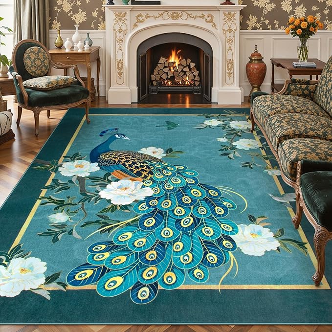 Lahome Peacock Area Rugs 8x10, Soft Washable 8x10 Rugs for Living Room, Floral Non Slip Vintage Ultra-Thin Stain Resistance Large Blue Carpet for Bedroom Office Farmhouse Dining Room, Blue