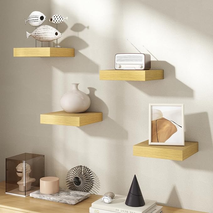 Axeman Square Floating Shelves for Wall, 8" W x 8" D x 1.4" H Rustic Wooden Wall Shelves, 4 Pack Wall Mounted Floating Shelf with Invisible Brackets for Living Room, Bathroom, Kitchen, Oak Color