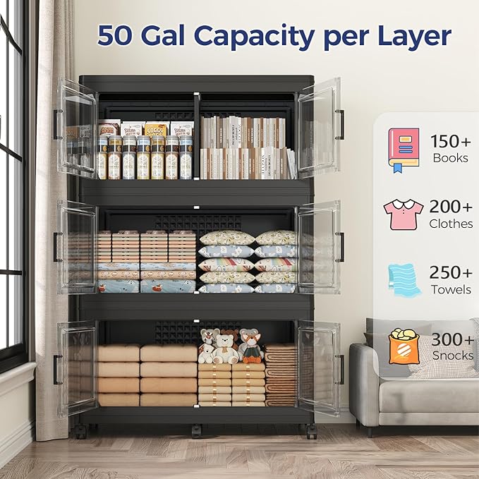 250GAL Storage Bins with Lid and Wheels, Stackable Closet Organizers and Storage Drawer, Collapsible Storage Box with Dividers, Foldable Plastic Cabinets for Room, Kitchen, 5 Pack Black