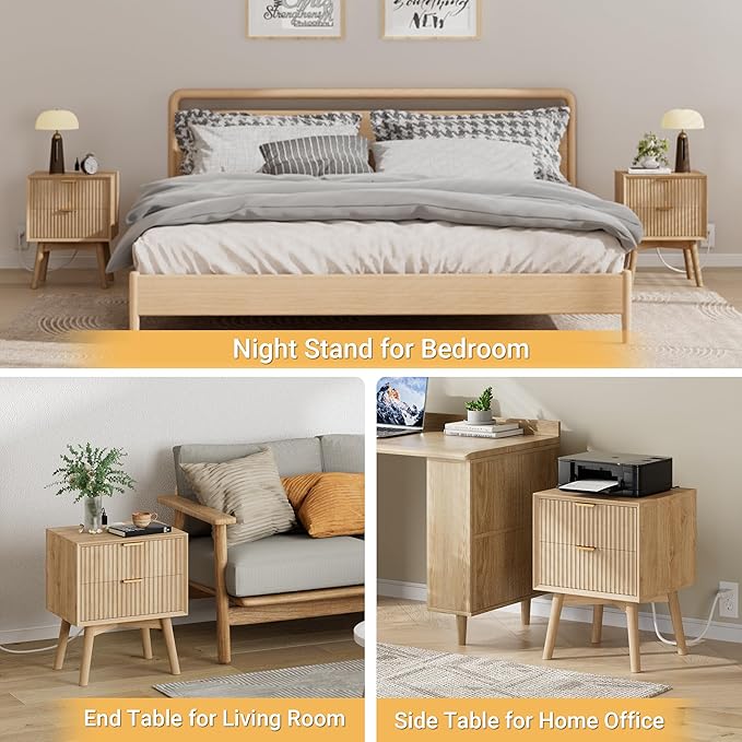 Fluted Nighstand, Beveled Edges Night Stand, 2 Drawer Nightstand with Charging Station, Modern End Table with Solid Wood Legs, Wooden Bedside Table for Bedroom Sofa Home Office, Natural Oak
