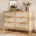LINSY Rattan 6 Drawer Dresser for Bedroom, 54" Wide Mid-Century Modern Tall Chest of Drawers, Deep Storage Dresser with Curved Corner Design, Large Accent Wood Cabinet for Bedroom, Oak