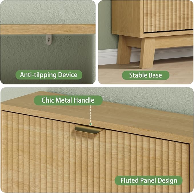 Shoe Cabinet with 3 Flip Drawers, 54" Tall Narrow Fluted Shoe Storage Organizer for Entryway, Hidden Slim Wooden Shoe Rack Cabinet for Front Door Entrance, Hallway, Living Room, Natural Oak