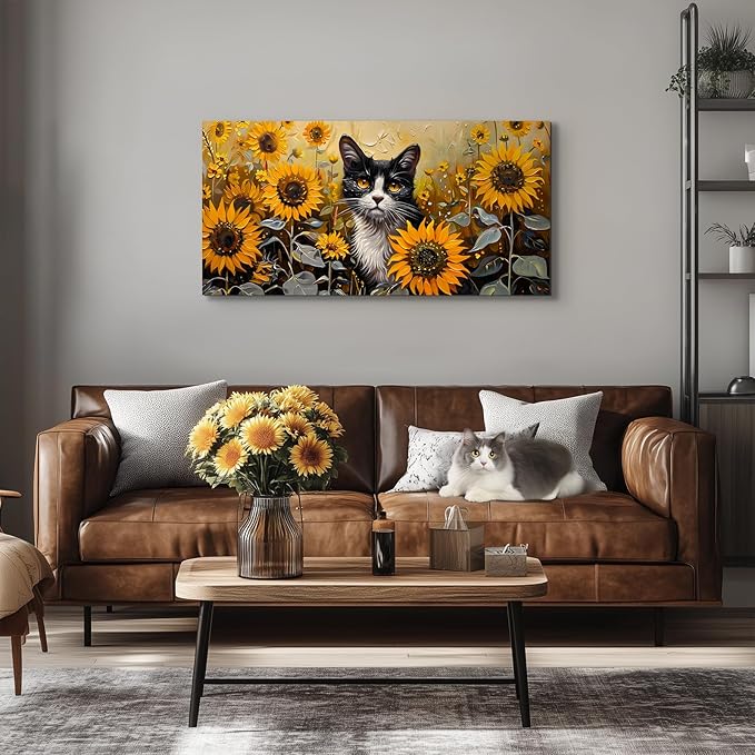 SERIMINO Large Wall Art Canvas Prints, Sunflower Cat Wall Art Aesthetic, Cute Animal Modern Home Decor Paintings, Yellow Landscape Pictures Wall Decor Living Room Dining Room Office Decor 20"X40"