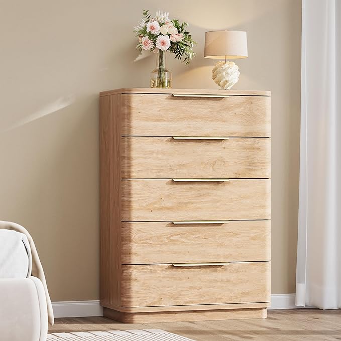 5 Drawer Dresser for Bedroom, 45" Tall Modern Chest of Drawers with Metal Handle, Curved Profile Design, Wooden Closet with Large Drawers Dressers Organizer for Entryway Hallway