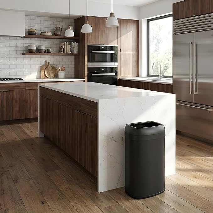 iTouchless 16 Gallon / 61 Liter Open Top Kitchen Trash Can & Recycle Bin, Matte Black Stainless Steel Commercial Grade Garbage Bin with Dual Odor Filters for Office, Garage, Restaurant, and Home
