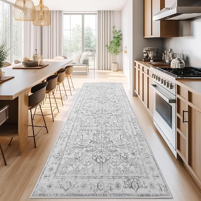 jinchan Lima Kitchen Runner Rug 3x10 - Vintage Floral Machine Washable Non-Slip Hallway Runner Rug with Rubber Backing Ultra-Thin Carpet for Bedroom Laundry Room Farmhouse (3x10ft, Grey)