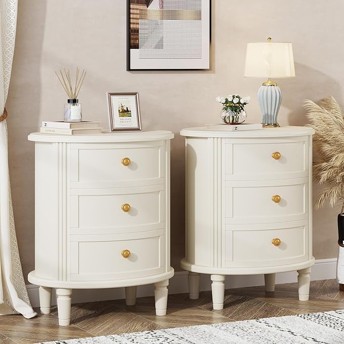 Tribesigns Nightstand with 3 Drawers, Oval Bed Side Table for Bedroom, Fully Assembled, Farmhouse Night Stand with Storage, Wooden Side End Table with Solid Wood Legs for Living Room, Beige White
