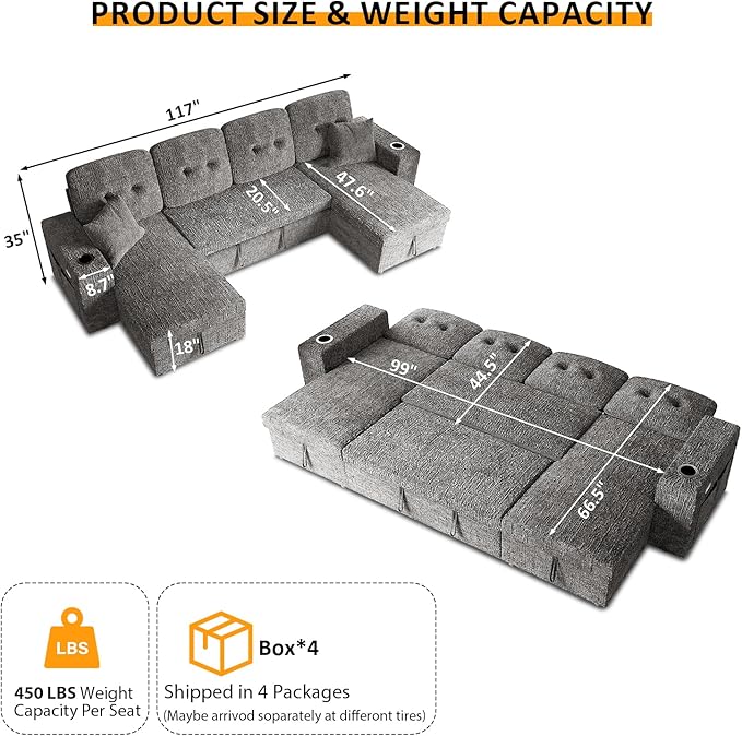 117" Sleeper Sofa Bed, U-Shaped Sofa with Dual Reversible Storage Chaise | Adjustable Backrest | Wide Armrest, Sectional Couches for Living Room, 4 in 1 Pull Out Couch Bed, Grey Chenille