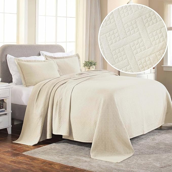 Superior 2 Piece Basketweave Cotton Bedspread Set, Home Bed Decor, Decorative Bed Spread, 1 Pillow Sham, Medium Weight Blanket, Matelasse Coverlet Bedding, Geometric Lattice Pattern, Twin, Ivory
