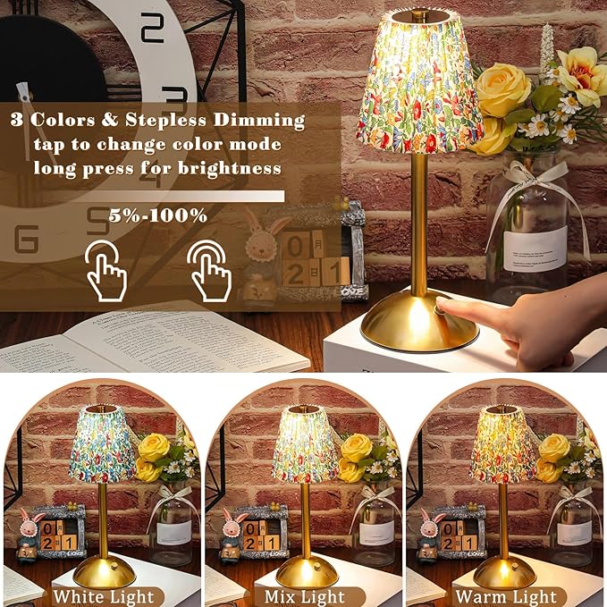Liliful 2 Pcs Cordless Table Lamp Rechargeable Touch LED Small Gold Portable Battery Operated USB-c Desk Lamp 3 Color Dimmable for Bedroom Living Room Dining (Gold,Floral Style)