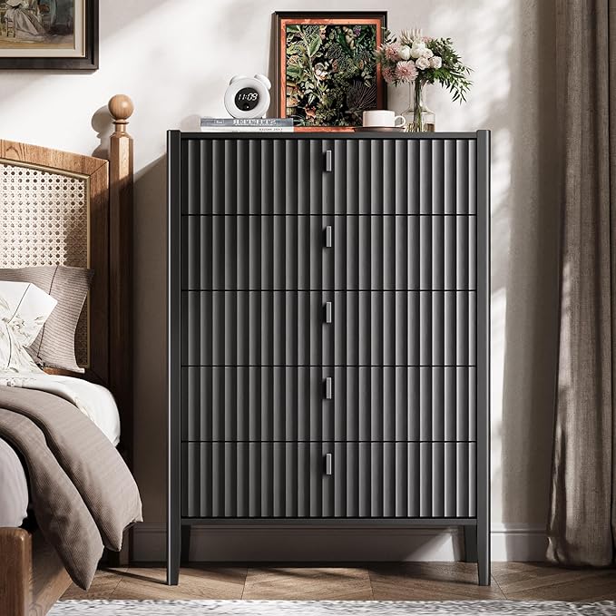Black 5 Drawer Dresser, Modern Tall Dresser for Bedroom, Fluted Wood Chest of Drawers with Deep Drawers for Clothes, Storage Cabinet for Bedroom, Living Rooms, Offices, Entryways