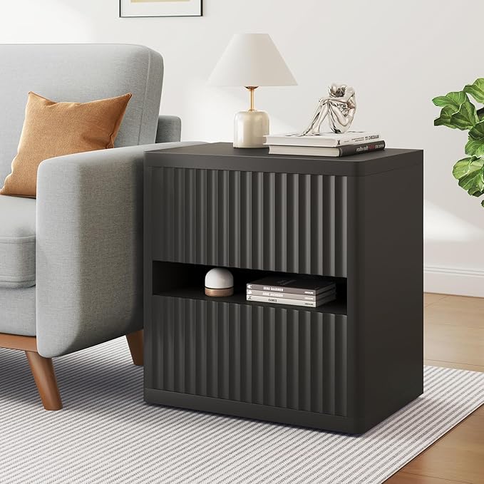 Dripex Fluted Nightstand with 2 Drawers, Large Wide Wood Night Stand Bedside Tables for Bedroom, Mid-Century Modern Storage Bed Side Table, End Tables for Living Room Sofa Couch, Black, Set of 1