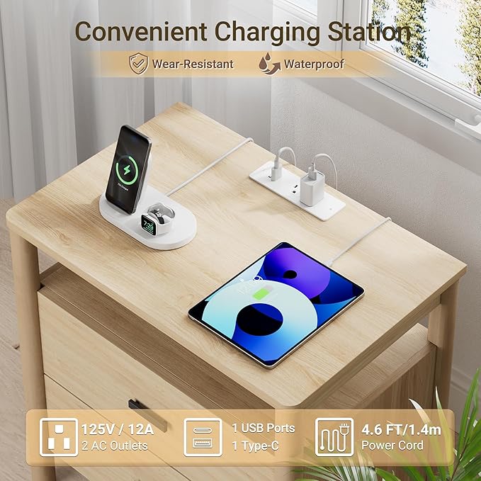 FavourLife Night Stand, 23" Wide Nightstand, Modern Large Nightstand with Charging Station, 2 Drawer Wooden End Table with Solid Round Post Legs & Open Shelf, Bedside Table for Bedroom, Natural Oak