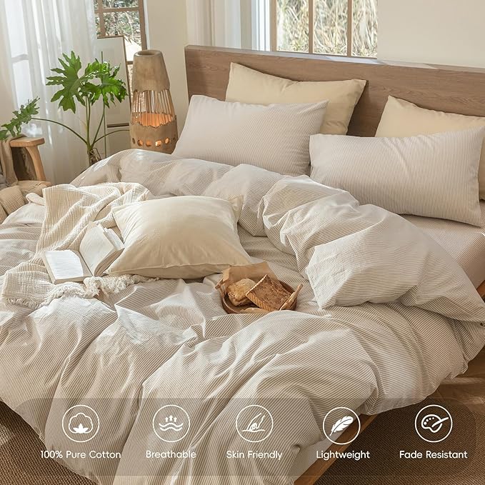 MooMee Striped Duvet Cover Set 100% Washed Cotton Linen Like Textured Breathable Durable Soft Comfy (Tannish Linen Grey White Pinstripes, Super King 108"x98")