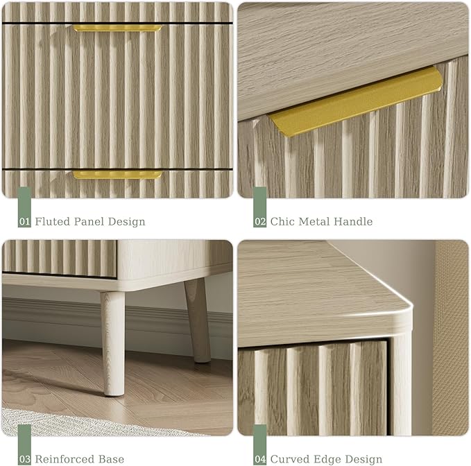 LYNSOM 55" Wide Fluted Dresser for Bedroom with 7 Drawer, Modern Chest of Drawers with Curved Profile Design and Metal Handles, Wood Dresser TV Stand & Storage Organizer for Living Room, Beige
