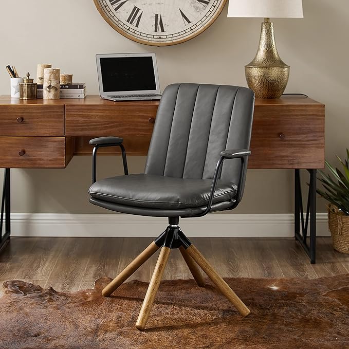 Art Leon Mid Century Modern Chair, Oak Legs Swivel Accent Chair No Wheels, Faux Leather Armchair for Small Spaces Home Office Living Room Bedroom, Gray