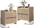 SICOTAS Night Stands Set of 2-Fluted Nightstands with Charging Station- Large Nightstand Bedside Table End Table with 2 Drawers, 25" Tall Mid Century Modern Night Stand for Bedroom, Sofa Side