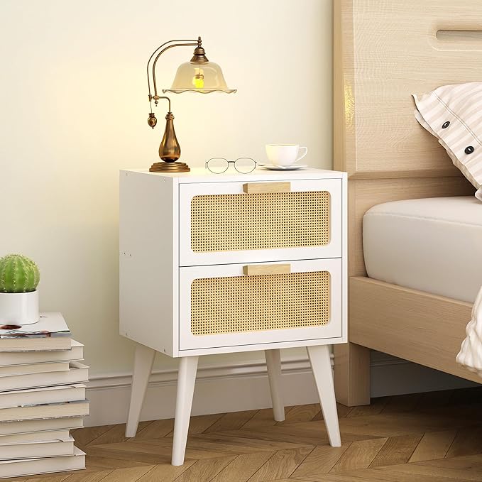 YAUKOMEL Rattan Nightstand, Wood End Table, Side Table with 2 Hand Made Rattan Decorated Drawers,Boho Bedside Table,Wood Accent Table with Storage for Livingroom, Bedroom, White CTG59W