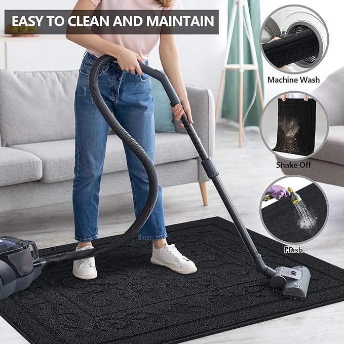 FONEYI Indoor Door Mat, Front Back Door Mat 32" x 48" Non-Slip Rubber Backing Door Rug, Machine Washable Entry Rug, Low Profile Absorbent Dirt Trapper Doormat Inside Floor Mats for Entryway, Black