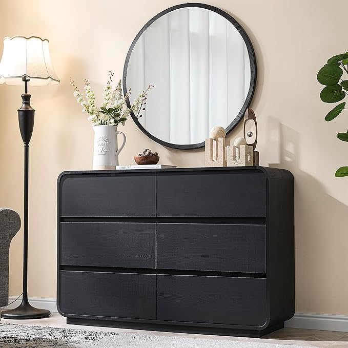 Curved Dresser with 6 Drawers, 47" Wide Chest of Drawers with Clothes Storage Organizer, Wood Dresser Closet for Living Room, Hallway (Black)