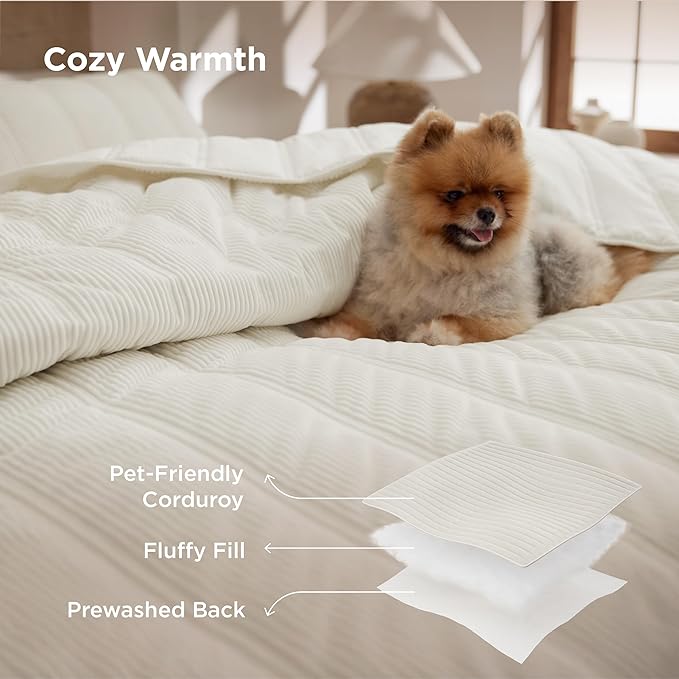 Bedsure Luxury Velvet Quilt Queen Size - Lightweight Velvet Ivory Fluffy Comforter Set, Oversized Corduroy Bedspread Coverlet Winter Bedding Set, Pet-Friendly, Tear-Resistant, Ultra-Soft, 90"x96"