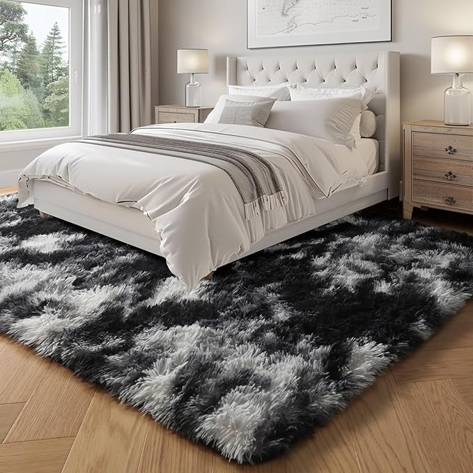 PAGISOFE Black White Grey Rugs for Living Room 5x8, Shag Fuzzy Fluffy Rectangular Rugs for Kids Room Playroom Classroom Dorm Shaggy Soft Carpet for Home Decor Aesthetic Plush Bedside Rug Modern Cool