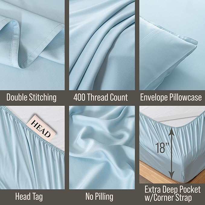 Bella Coterie 6 Piece Luxury Bamboo Viscose Queen Size Sheet Set | 100% Organically Grown | Cooling for Hot Sleepers | 18" Deep Pocket | Soft & Hypoallergenic | 4 Pillowcases [Coastal Blue]