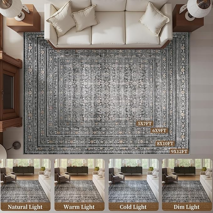 MontVoo-Vintage Area Rug 6X9 Grey Rugs for Living Room-Soft Distressed Printed Rugs for Bedroom-Non Slip Carpet-Machine Washable Rug for Dining Room Living Room Bedside Office