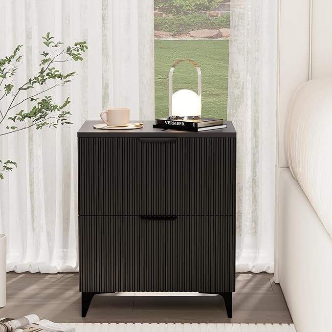 Royal Windsor Small Fluted Nightstand Set of 2 with 2 Drawers, Side End Table, Small Accent Storage Cabinet, Modern Night Stand Bedside Table for Bedroom Full Size Bed, Black