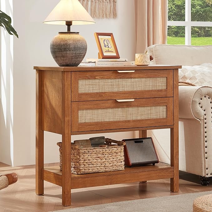 LEYAOYAO 31.5" Wide Rattan Night Stand, Large Boho Nightstand, Bedside Table with Storage, Tall Bed Side End Tables, Chest of Drawers for Bedroom, Living Room, Hallway（Brown,2 Drawers,2）
