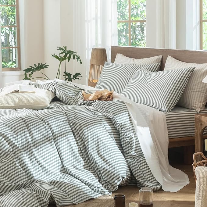 MooMee Striped Duvet Cover Set 100% Washed Cotton Linen Like Textured Breathable Durable Soft Comfy (Heathered Green Classic Stripes, Oversized Full 82"x86")