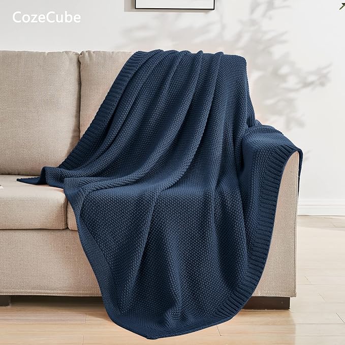 CozeCube Navy Blue Throw Blanket for Couch, Soft Cozy Cable Knit Throw for Bed Sofa Living Room, Lightweight Warm Decorative Farmhouse Christmas Blanket, 50"x60", Navy Blue