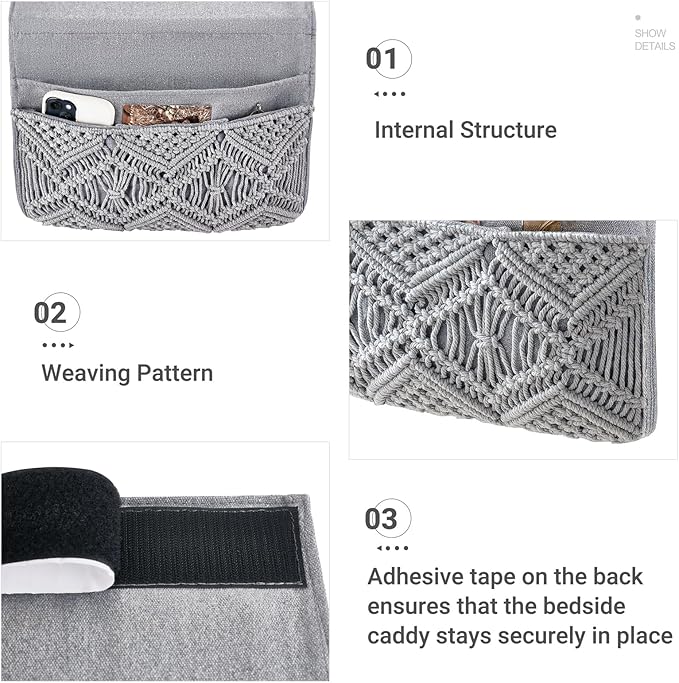 Mkono Macrame Bedside Caddy Storage Organizer Boho Remote Control Tablet Magazine Holder with 4 Pockets Non-slip Countertop Bedside Caddy for Home Bedroom Living Room College Dorm Bed, Grey