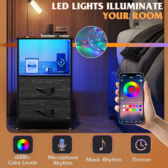 WLIVE Night Stand with Charger Station, LED Nightstand for Bedroom, Small Dresser with 2 Fabric Drawers for Small Spaces, Bed Side Table, Charcoal Black and Wood Grain Print