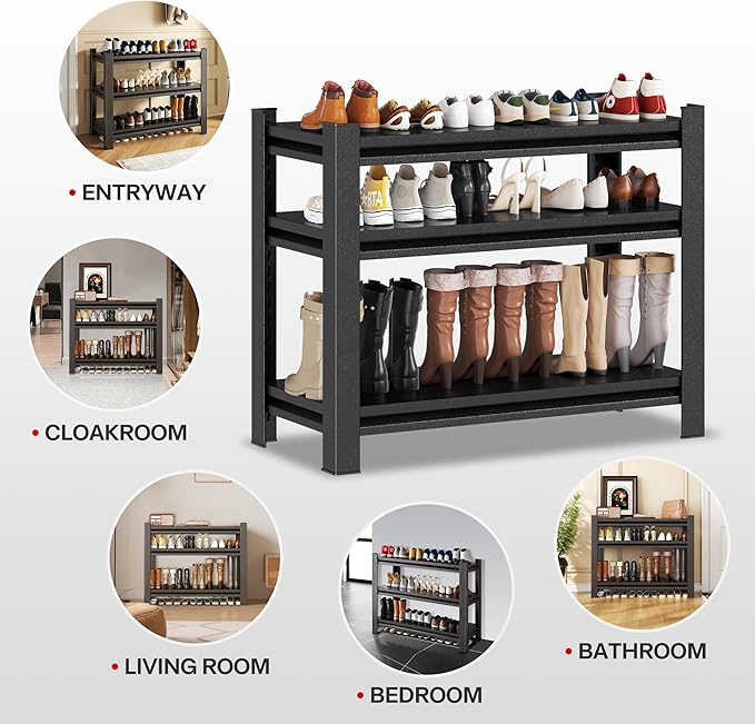 32'' Storage Shelves, 3Tier Garage Metal Shelving Unit, Adjustable, Double-Layer Column with Reinforced Ribs, Heavy-Duty, Capable of Bearing 1800 lbs, Suitable for Garage, Warehouse, Kitchen Storage