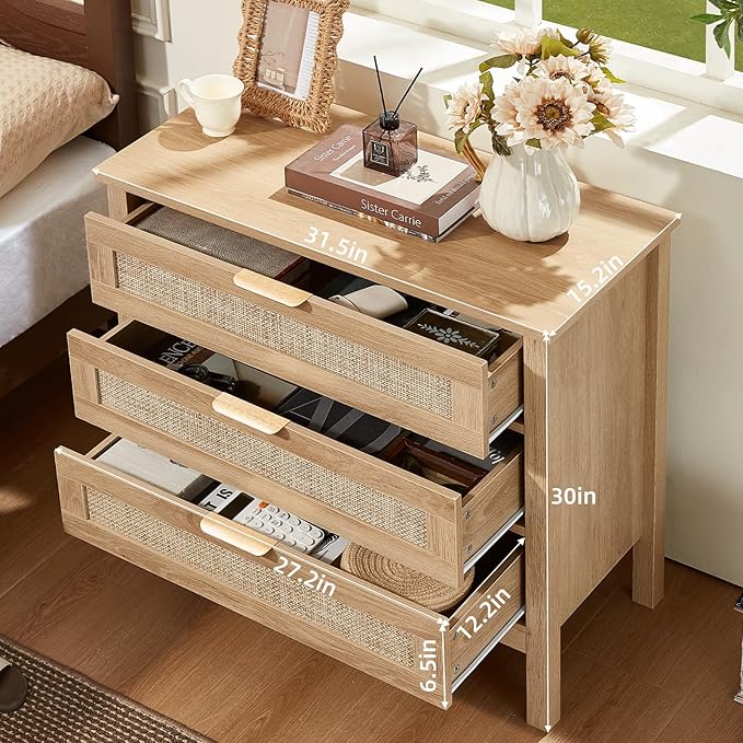 LEYAOYAO 31.5" Wide Rattan Nightstand, Large Boho 3 Drawer Night Stand, Natural Wood Bedside Table with Storage, Tall Bed Side End Tables, Chest of Drawers Dressers for Bedroom, Living Room, Hallway