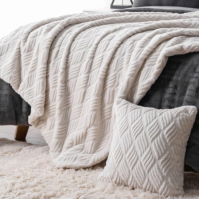 BATTILO HOME White Faux Fur Throw Blanket for Couch, Bed, Cream Faux Rabbit Fur Blanket Throw 50"x60", Blanket, Ivory Blanket with 1 Fur Pillow Cover, 18"x18"