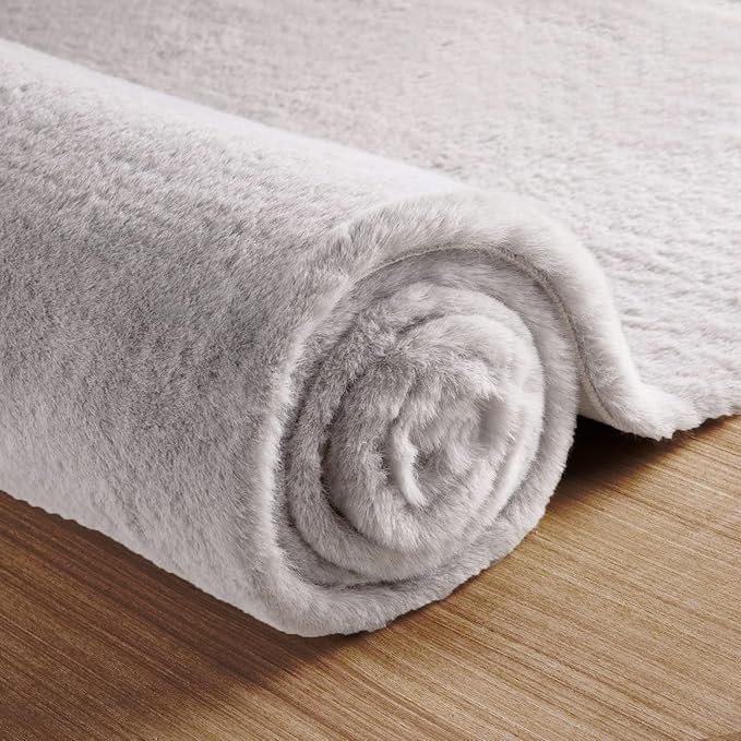 Fuzzy Grey Fluffy Washable Runner Rugs for Hallway 2x10 Plush Faux Rabbit Furry Fur Rugs for Bedroom Living Room Home Décor