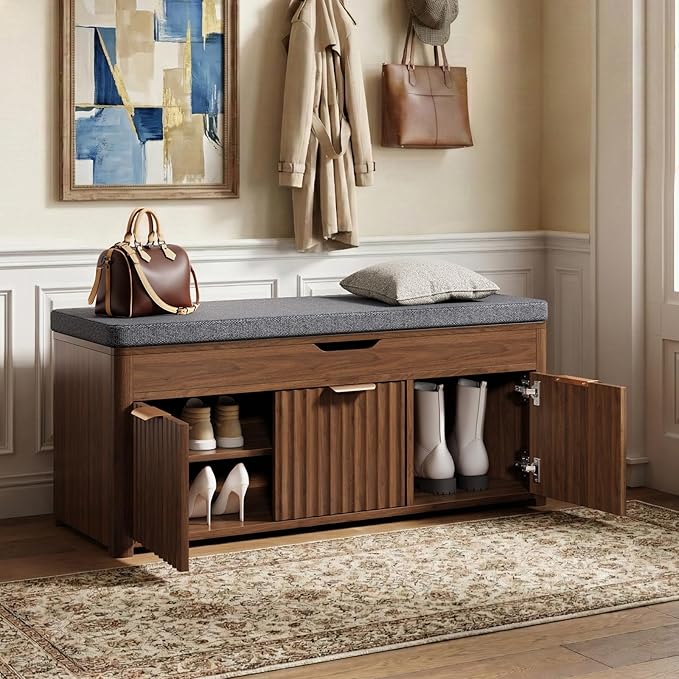 Shoe Bench with Storage - Lift Top Entryway Bench with Hidden Storage, Shoe Rack with Adjustable Shelves and Cushioned Seat, Wooden End of Bed Bench for Bedroom, Living Room and Hallway,Walnut