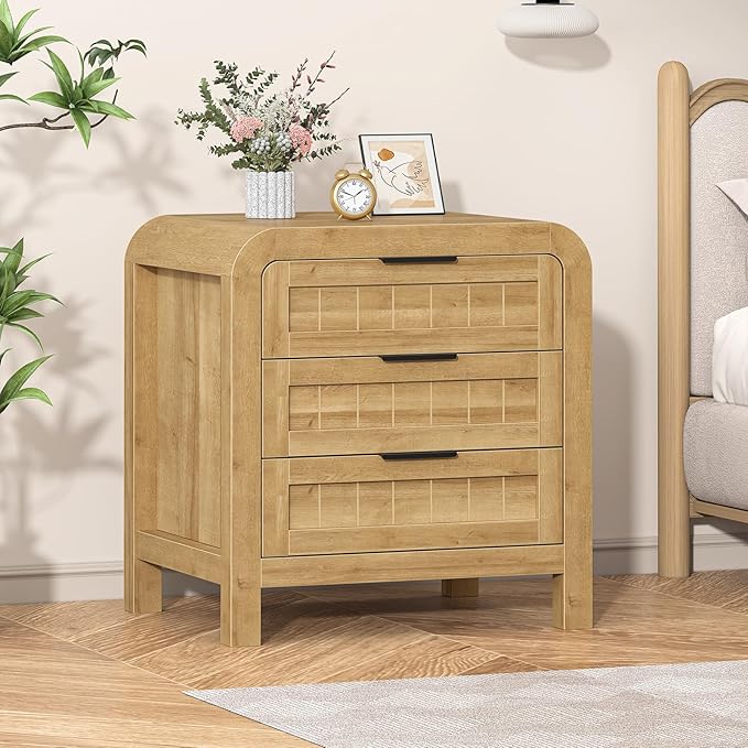 IKENO Wood Nightstand with 3 Storage Drawer, 21" Wide Night Stand with Curved Profile Design, Bedside End Table for Bedroom, Living Room, Closet (1, Natural Oak, 3 Drawer)