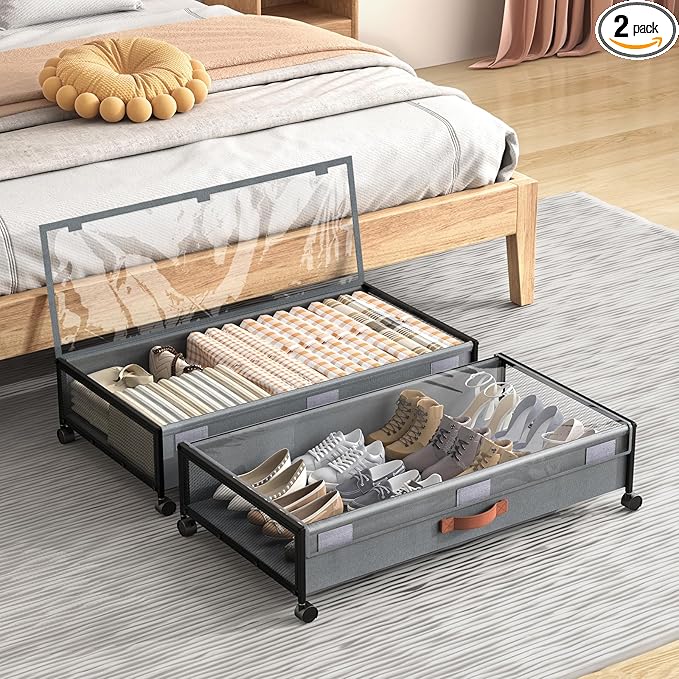 Under Bed Storage Containers with Wheels 54L Large Underbed Shoes Blankets Clothes Toy Storage Drawers for College Dorms Bedrooms Nursery Rooms Organization… (Grey 2 Pack, XXL(31"x16.6"x7.48"))