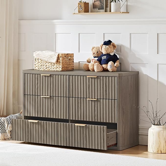 LEYAOYAO 48" Wide Fluted Dresser and 3 Drawers 23" Nightstand Set of 2, Wooden Dresser & Night Stand with Charging Station, 3 Piece Bedroom Furniture Set, Wood Chest of Drawer for Living Room,Grey