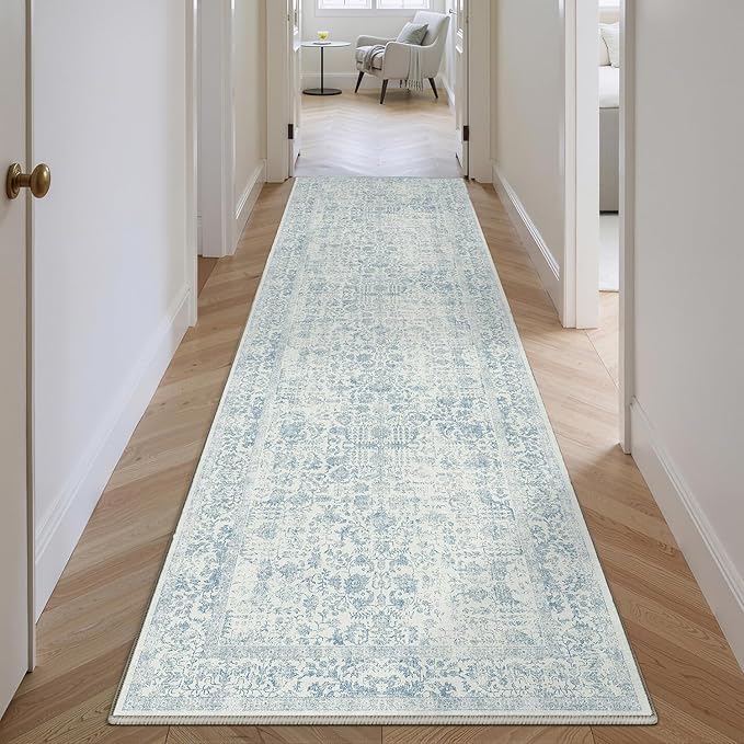 Blue Runner Rug 3x7 Hallway Machine Washable Kitchen Vintage Distressed Non Slip Long Carpet Indoor Retro Floral Bedroom Accent Throw Rug for Bathroom Office Laundry Dining Room