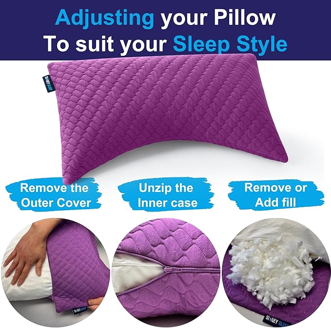 Sidney Sleep Set of 2 Queen Size Adjustable Bed Pillows for Side and Back Sleepers - Memory Foam Pillows for Neck and Shoulder Support - Customizable Loft - Extra Foam Included (Magenta)